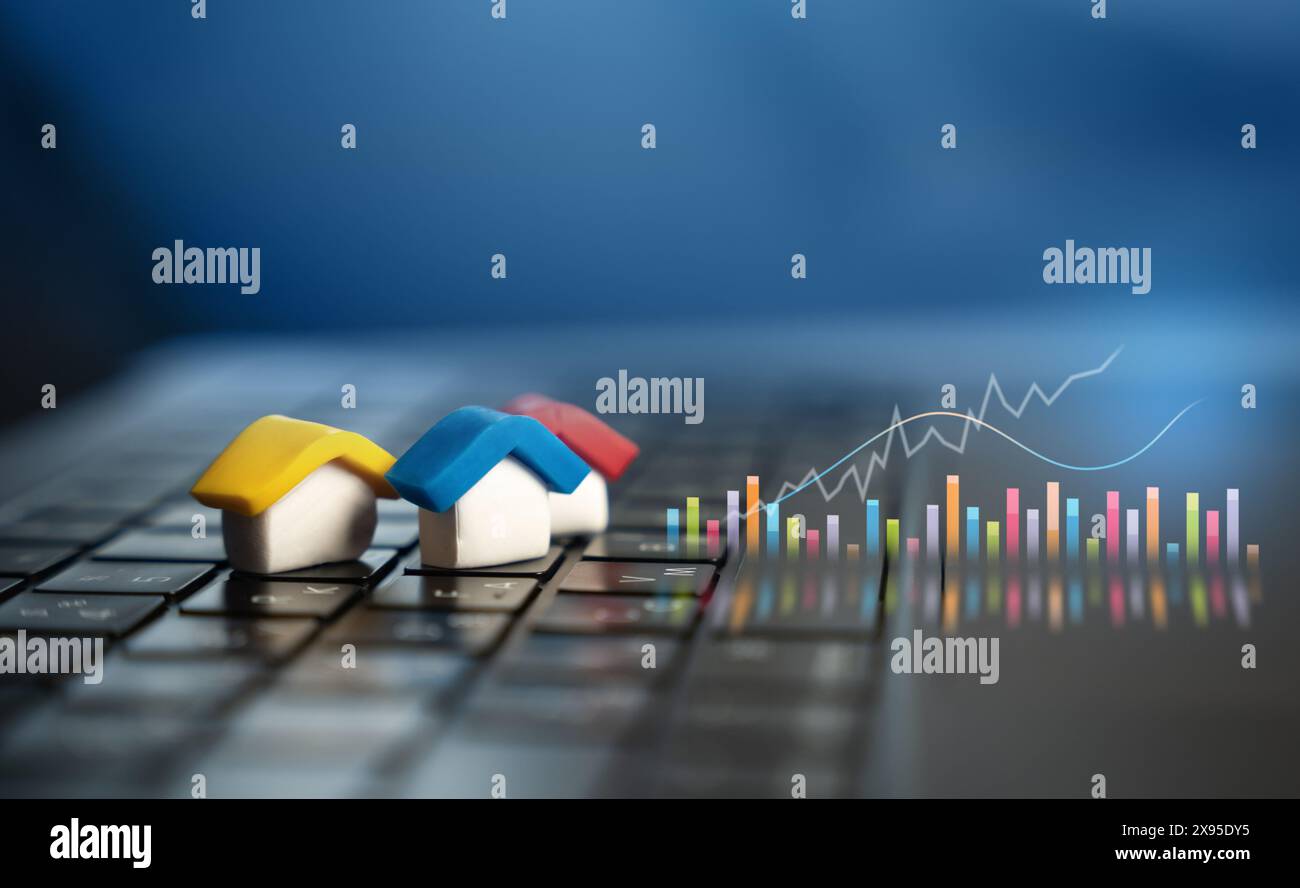 Case e grafica olografica. Mercato immobiliare. Investimenti e tendenze. Ricerche di mercato. Tecnologie di previsione e innovazioni. Foto Stock