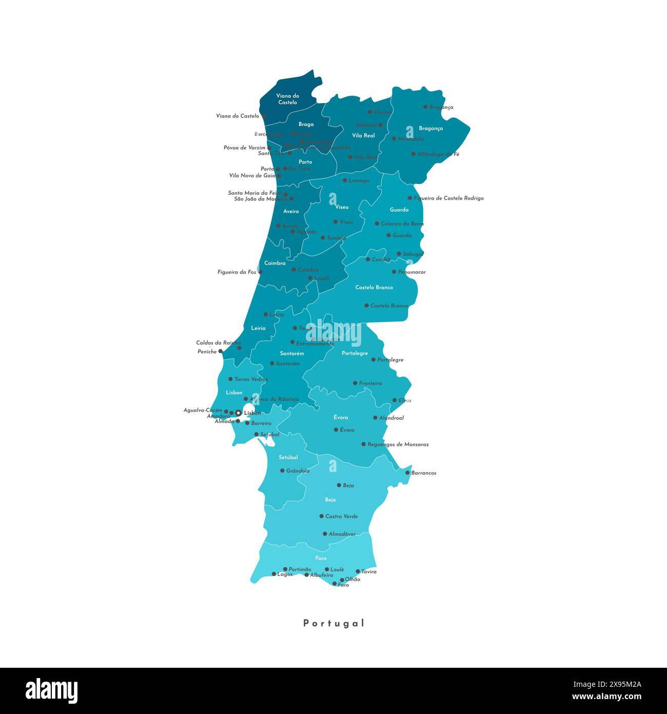 Illustrazione isolata moderna vettoriale. Mappa amministrativa semplificata del Portogallo. Nomi di capitali, città e distretti. Colori sfumati blu Illustrazione Vettoriale