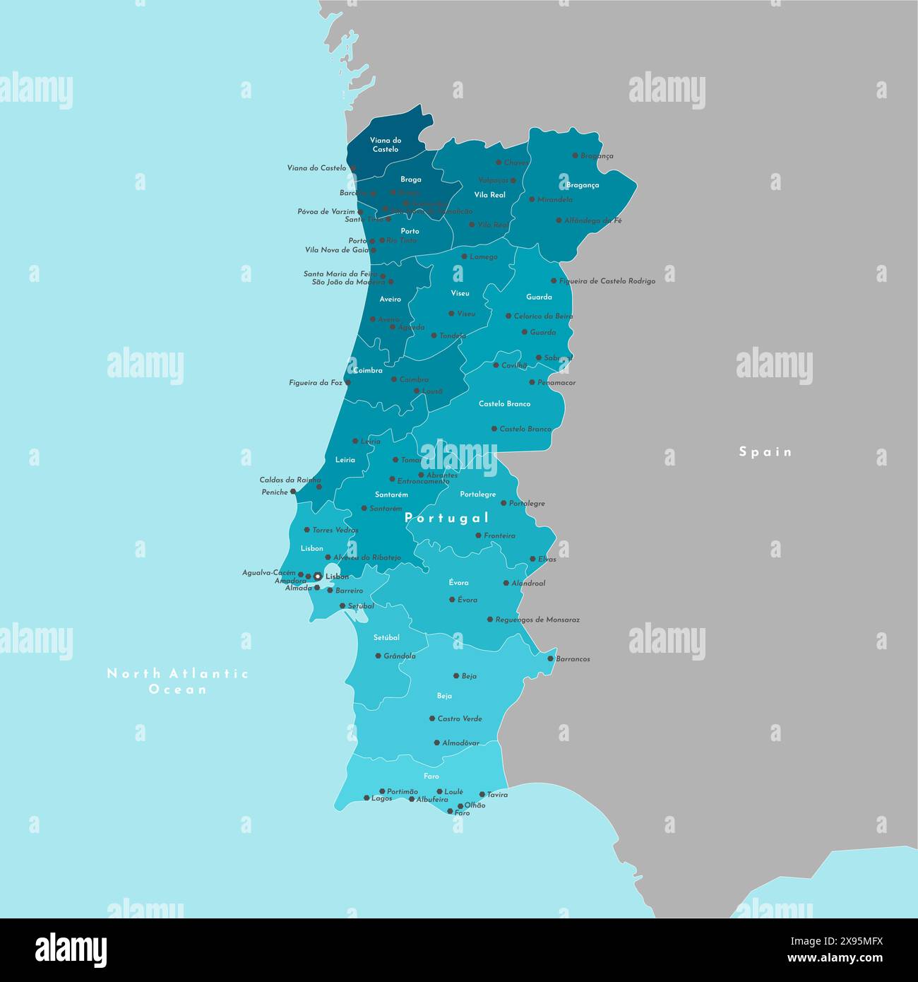 Illustrazione moderna vettoriale. Mappa amministrativa semplificata del Portogallo. Confine con lo Stato più vicino, la Spagna. Sfondo blu dei mari. Nomi delle città e D. Illustrazione Vettoriale