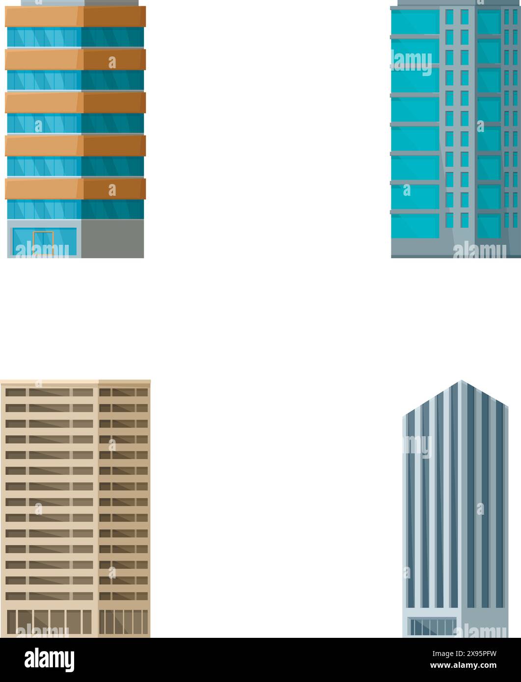Collezione di quattro icone di grattacieli dal design piatto isolate su uno sfondo bianco Illustrazione Vettoriale