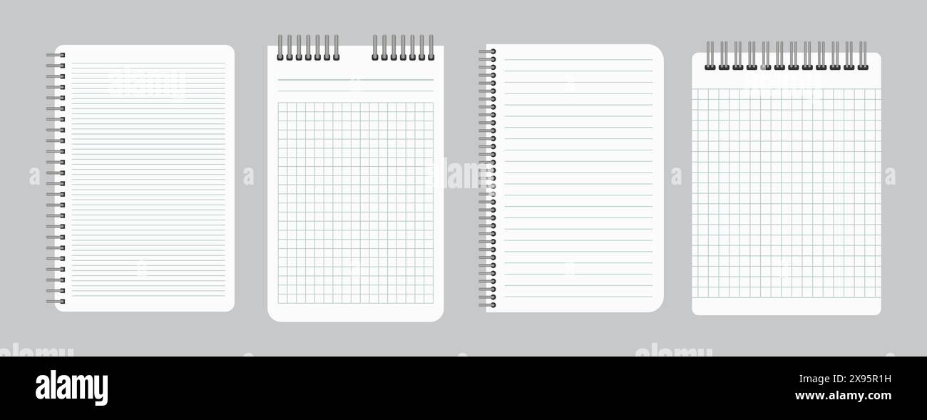 Blocchi appunti con carta foderata vuota e a scacchi con spirale in ferro legante. Set di quattro fogli per notebook. Illustrazione vettoriale Illustrazione Vettoriale