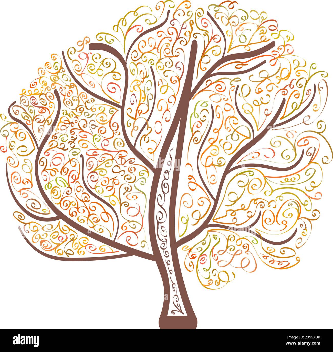 Illustrazione isolata con disegno astratto dell'albero autunnale nel disegno della linea di contorno su sfondo trasparente Illustrazione Vettoriale