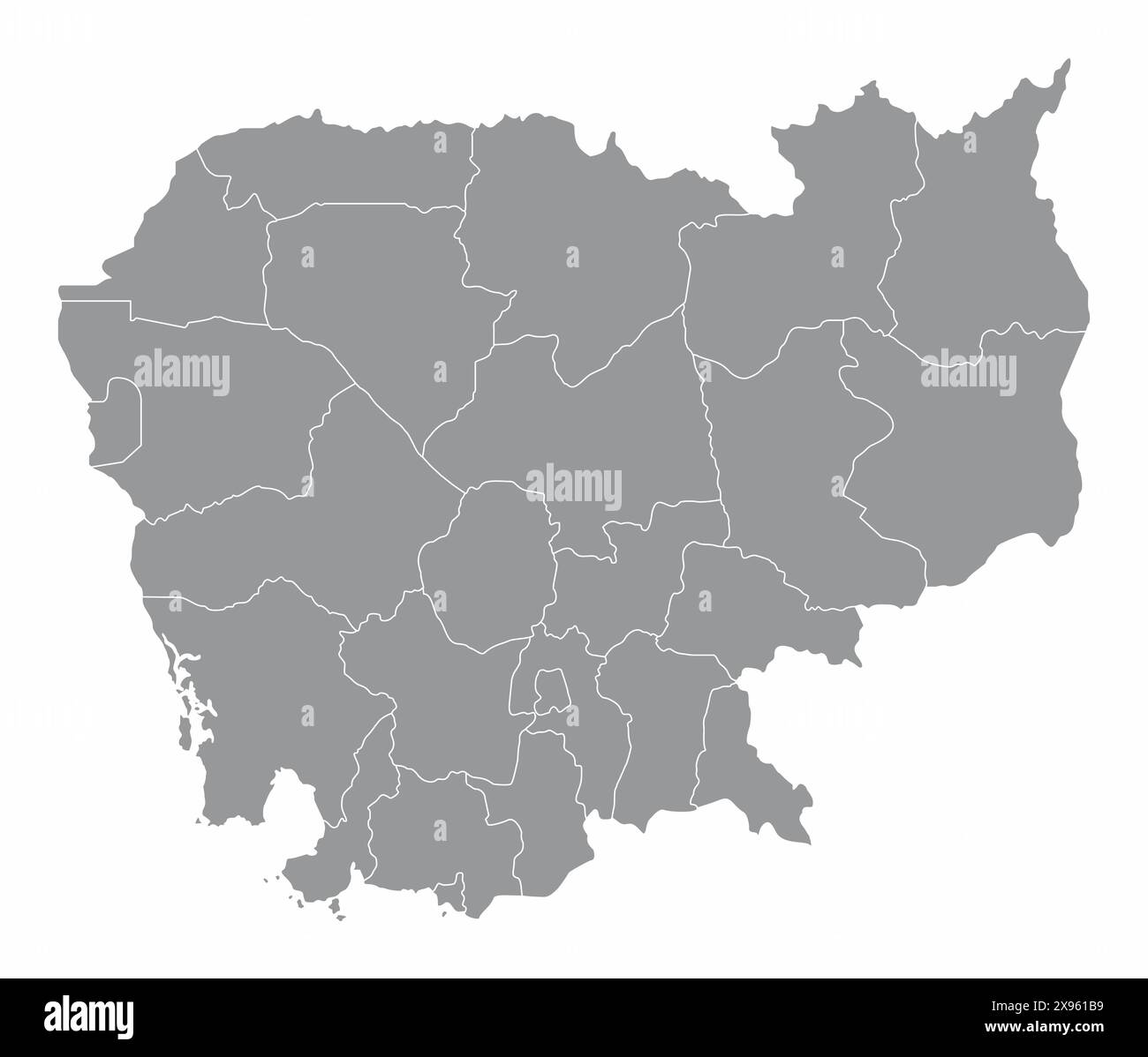 La mappa amministrativa della Cambogia isolata su sfondo bianco Illustrazione Vettoriale
