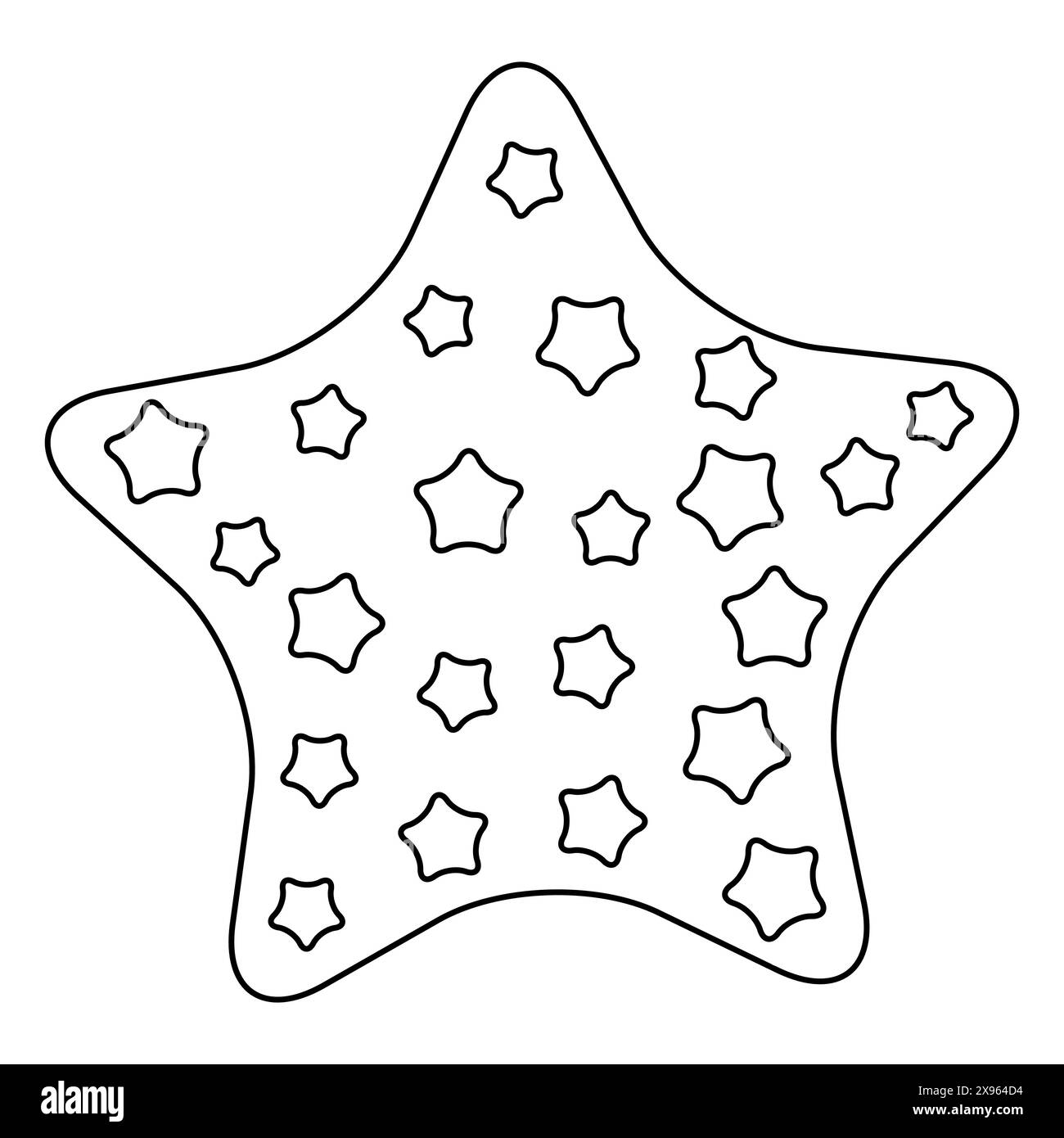 Cielo stellato notturno contenuto in una forma più grande di stella. Grande stella piena di stelle più piccole che creano uno schema. Stile doodle alla moda disegnato a mano. Pagina colorazione terapia artistica. Illustrazione vettoriale Illustrazione Vettoriale