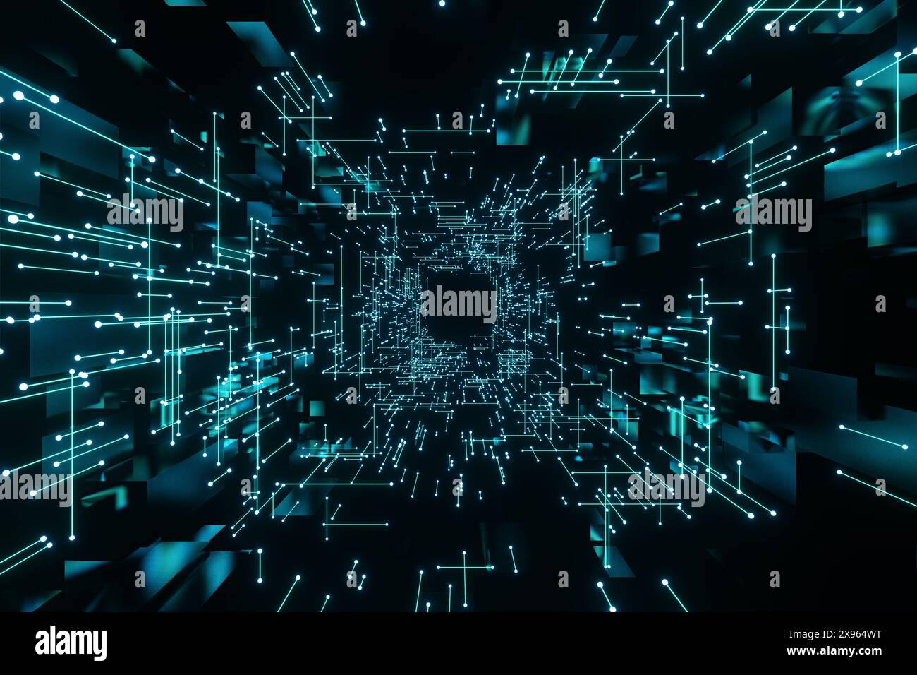 Tunnel scientifico astratto fatto di linee collegate e punti luminosi al neon blu. Illustrazione 3D come sfondo per siti web di fantascienza e tecnologici Foto Stock