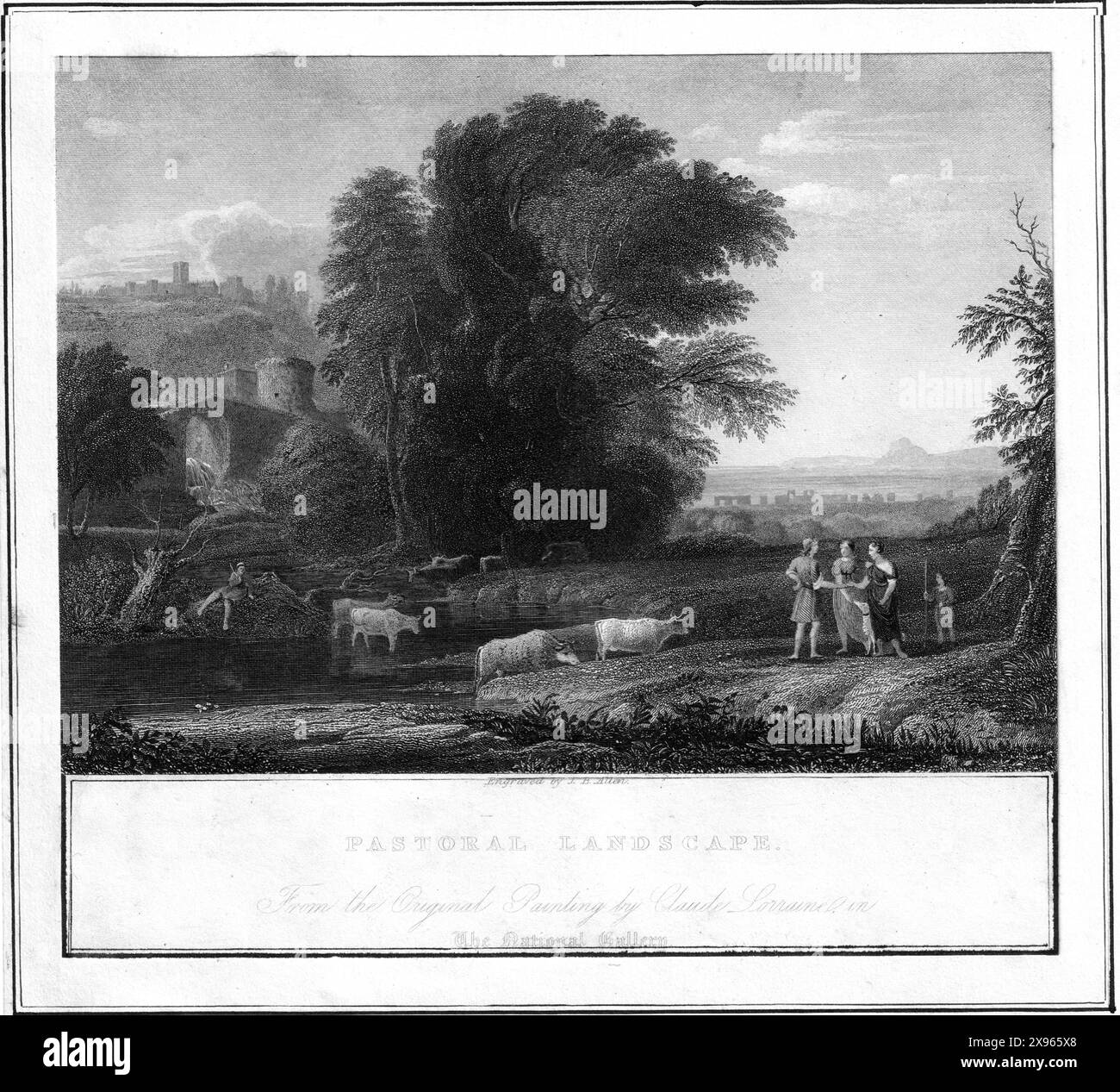 Incisione 'Pastoral Landscape' di James Baylis Allen (1803-76) dopo Claude Lorraine (1600-82). Pubblicato da Jones and Co., Temple of the Muses, Finsbury Square, (Londra, 1832). Foto Stock