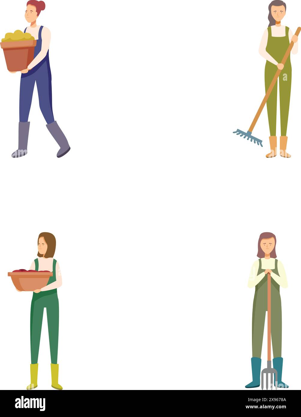 Serie di quattro illustrazioni che raffigurano individui impegnati in varie attività di giardinaggio, isolati sul bianco Illustrazione Vettoriale