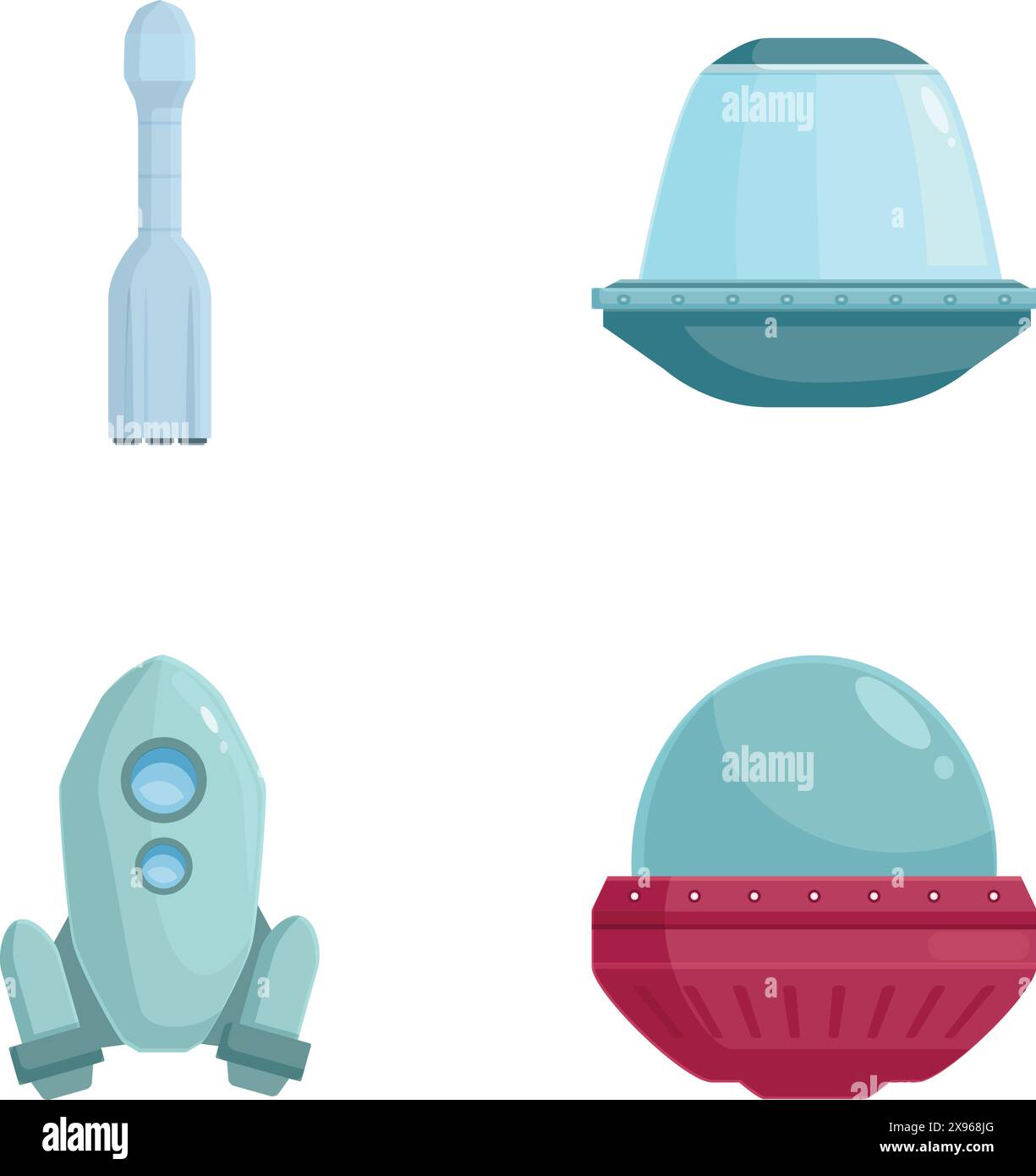 Set di icone moderne per l'esplorazione dello spazio con illustrazioni vettoriali colorate e dal design piatto di veicoli spaziali, razzi, astronauti e apparecchiature spaziali per l'uso in interfacce digitali, web e app Illustrazione Vettoriale
