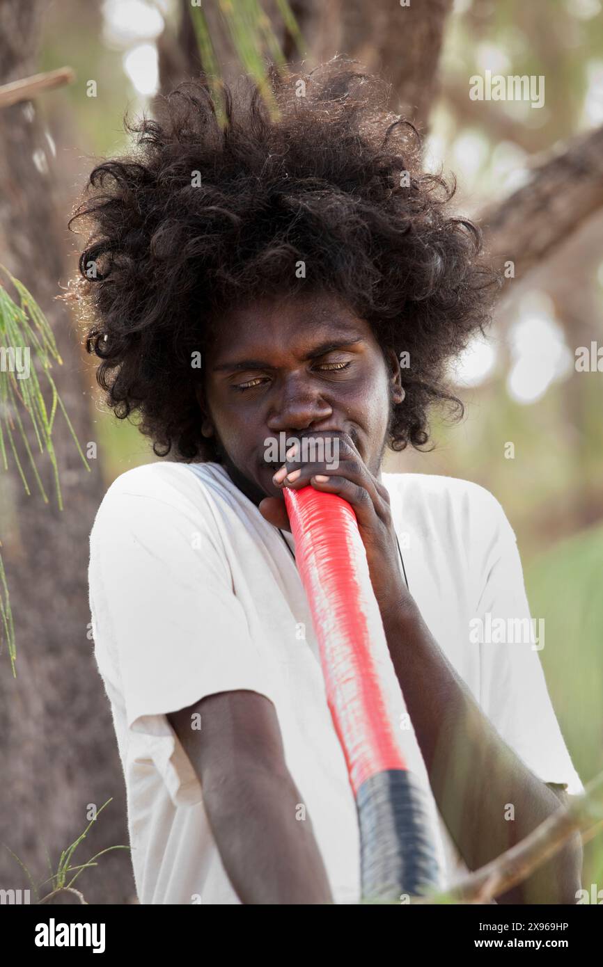 Cantautore aborigeno, ballerino, che suona didgeridoo, Bukudal Homeland, East Arnhem Land, Northern Territory, Australia, Pacifico Foto Stock