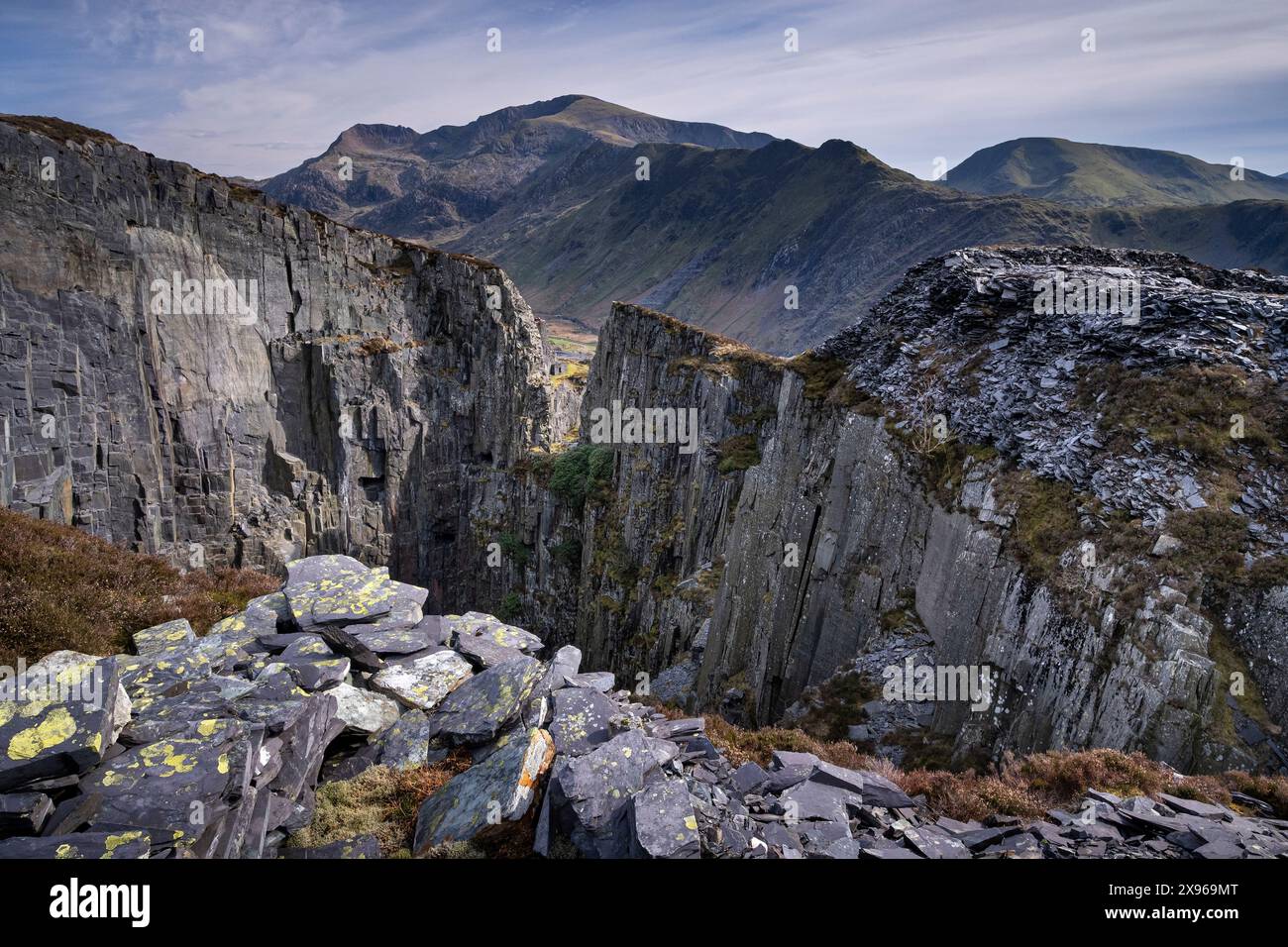 Mount Snowdon (Yr Wyddfa) da Dinorwig Slate Quarry, Snowdonia National Park (Eryri), Galles del Nord, Regno Unito, Europa Foto Stock