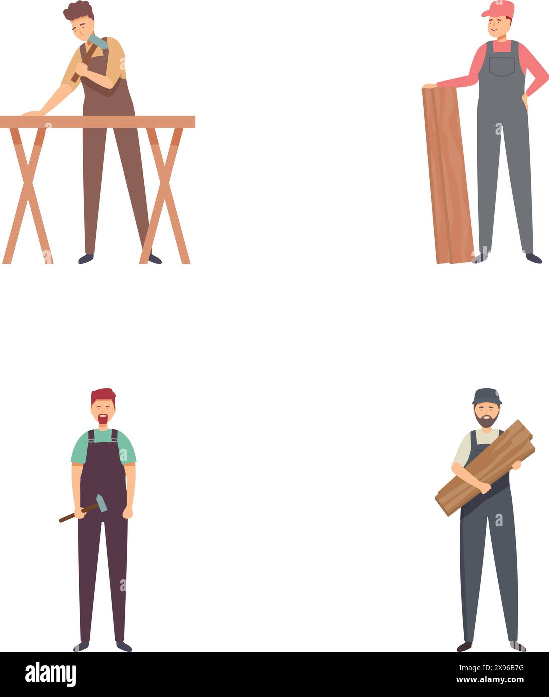 Collezione di quattro carpentieri maschi illustrati in varie pose con utensili e materiali per la lavorazione del legno Illustrazione Vettoriale