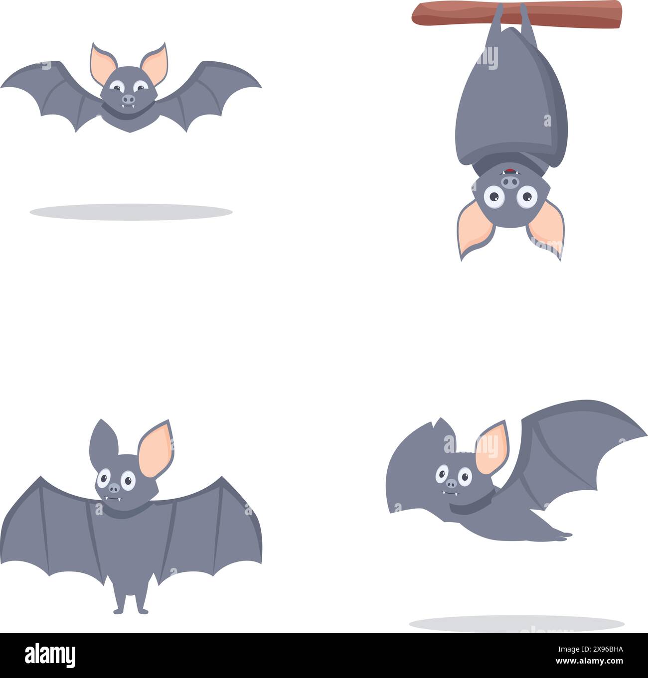 Set di quattro adorabili pipistrelli da cartone animato in varie pose, ideale per halloween o temi naturalistici Illustrazione Vettoriale