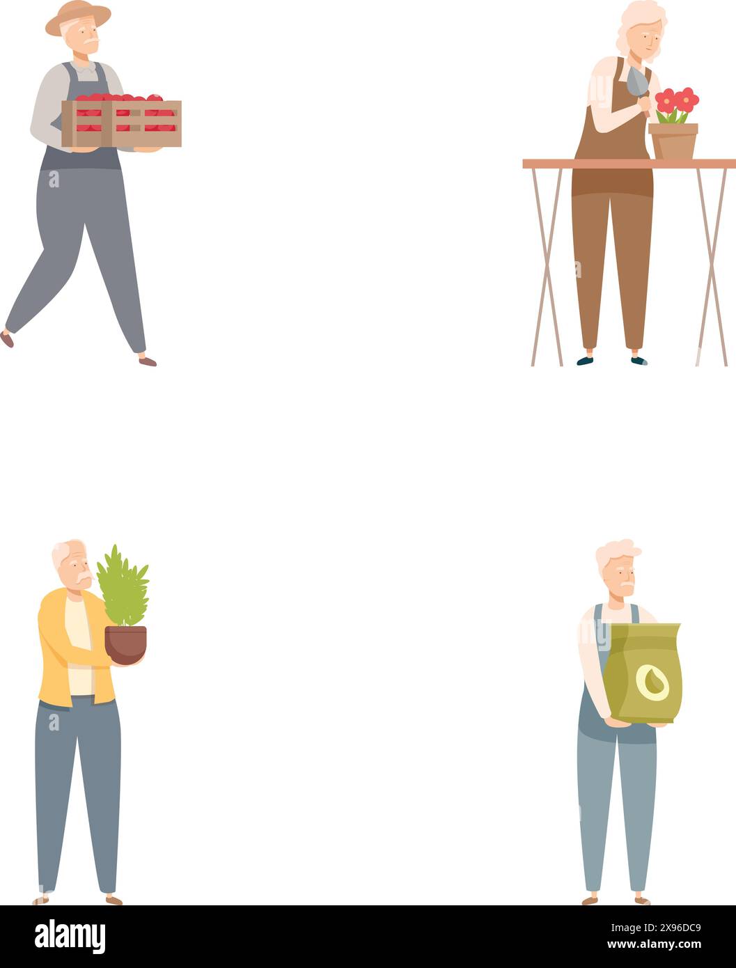 Raccolta di quattro illustrazioni che mostrano persone anziane impegnate in diverse attività di giardinaggio Illustrazione Vettoriale