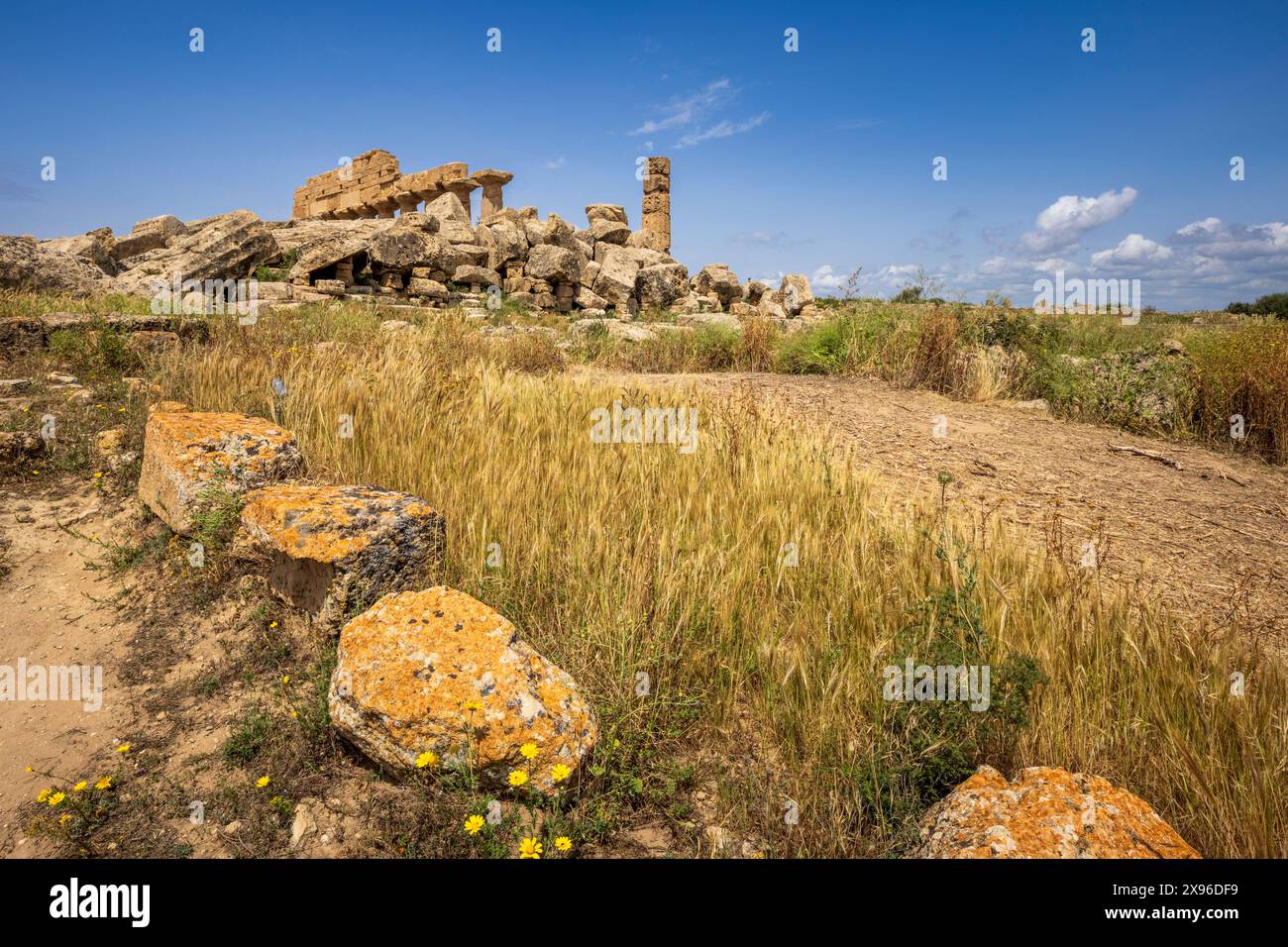 Le rovine dell'antico tempio greco B e le colonne doriche del tempio C a Selinunte, in Sicilia Foto Stock