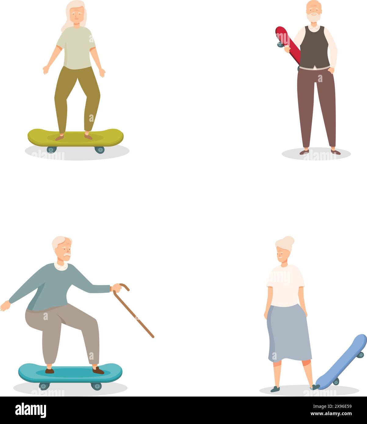 Skateboard per anziani attivi e vivaci per illustrazioni di stile di vita sano e piacevole nel design vettoriale Illustrazione Vettoriale