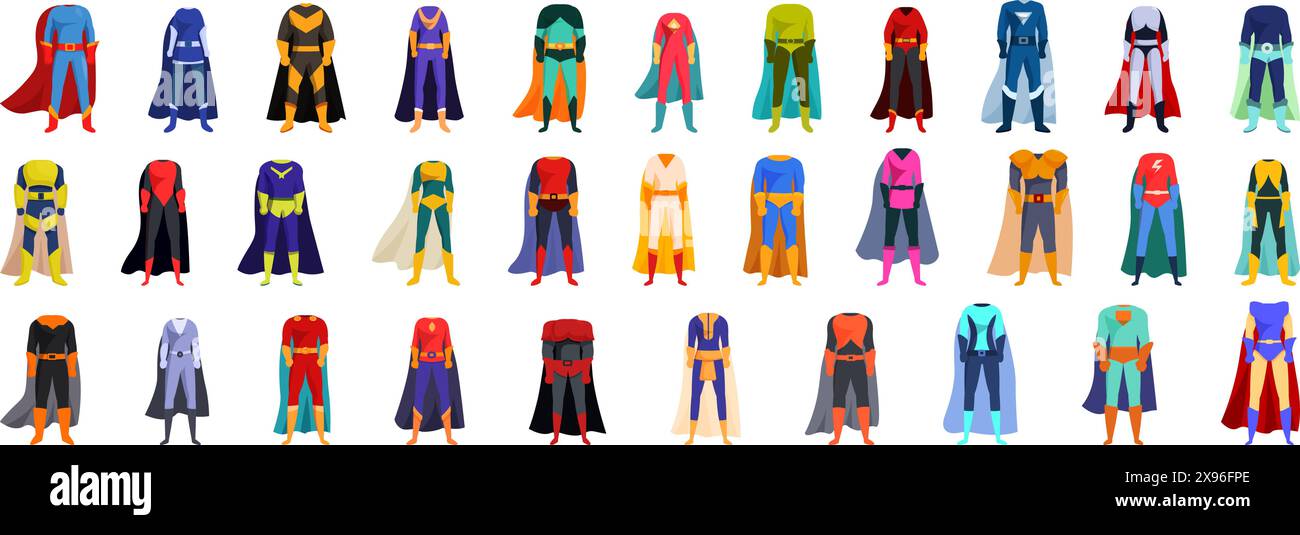 Le icone del mantello del costume dei supereroi sono vettoriali. L'immagine è un vivace display di vari colori e stili, che mostra la diversità dei personaggi Illustrazione Vettoriale