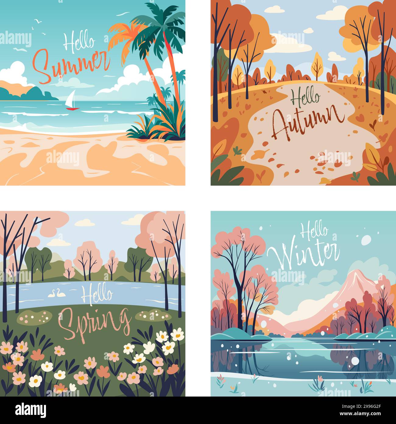 Serie di poster di concetto Hello Season. Illustrazione vettoriale orizzontale con lettera tipografica Illustrazione Vettoriale