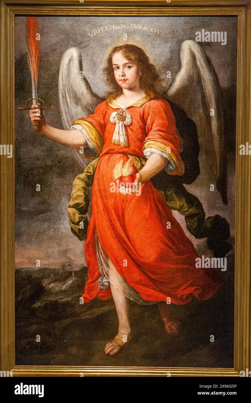 Arcangelo Uriel ha una spada di fuoco e un cuore in questo dipinto del XVIII secolo di Alonso Miguel Tovar, esposto nel Museo delle Belle Arti di Siviglia, Spa Foto Stock