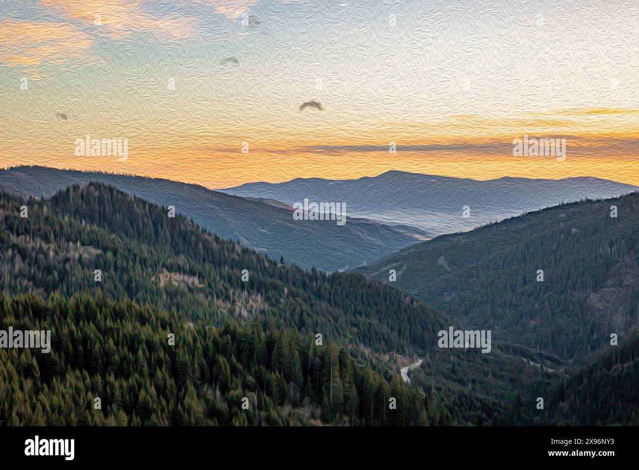 Paesaggio al tramonto nelle montagne Bucegi in Romania - Gradiente dell'alba sulle creste montuose ondulate Foto Stock