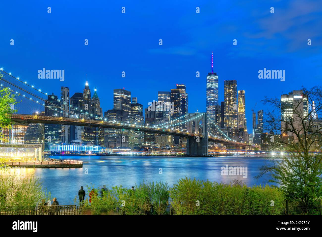 Ponte di Brooklyn e skyline di Manhattan illuminati di notte dalla Brooklyn Heights Promenade di New York City Foto Stock