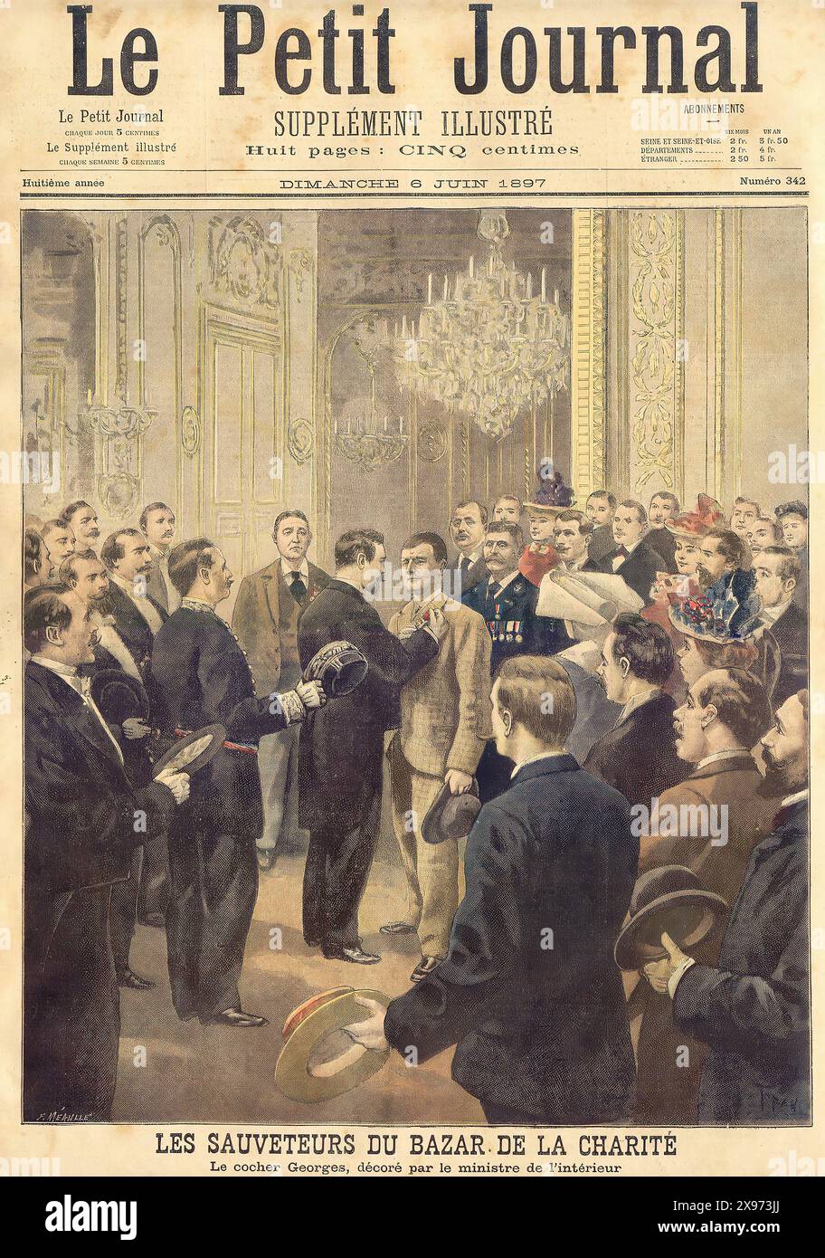 IT TRADUZIONE : I SOCCORRITORI DEL BAZAAR CARITATEVOLE DOMENICA 6 GIUGNO 1697 il coachman Georges, decorato dal Ministro degli interni - estratto da "le Petit Journal" - rivista illustrata francese LES SAUVETEURS DU BAZAR DE LA CHARITÉ DIMANCHE 6 JUIN 1697 le cocher Georges, décoré par le ministre de l'intérieur - estratto da "le Petit Journal" - rivista francese illustrata Foto Stock