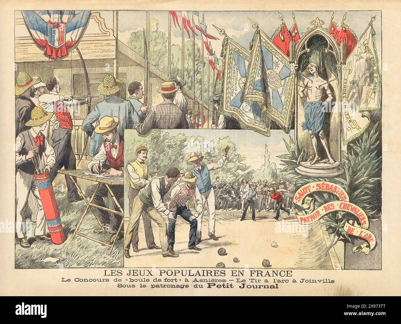 LES JEUX POPULAIRES EN FRANCE le Concours de boule de fort à Asnières le TIR à l' Arc à Joinville Sous le Patronage du Petit Journal - IT TRADUZIONE : GIOCHI POPOLARI IN FRANCIA il concorso di palla ad Asnières Archery a Joinville con il patrocinio del Petit Journal - estratto da "le Petit Journal" - rivista illustrata francese Foto Stock