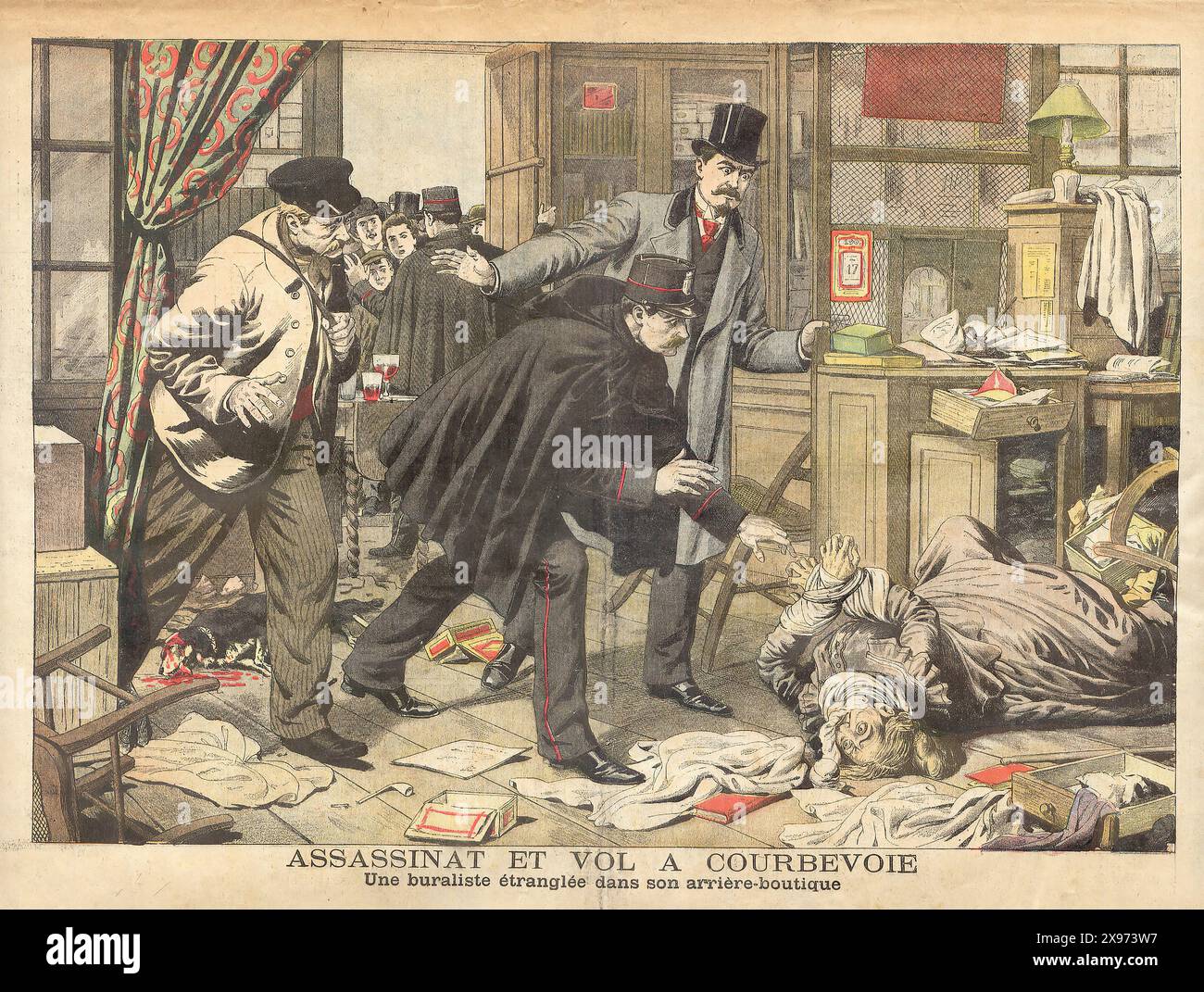 ASSASSINAT ET vol A COURBEVOIE Une buraliste étranglée dans son arrière-boutique - ENG TRANSLATION : OMICIDIO E RAPINA A COURBEVOIE Una tabaccheria strangolata nel suo negozio - estratto da 'le Petit Journal' - rivista illustrata francese Foto Stock