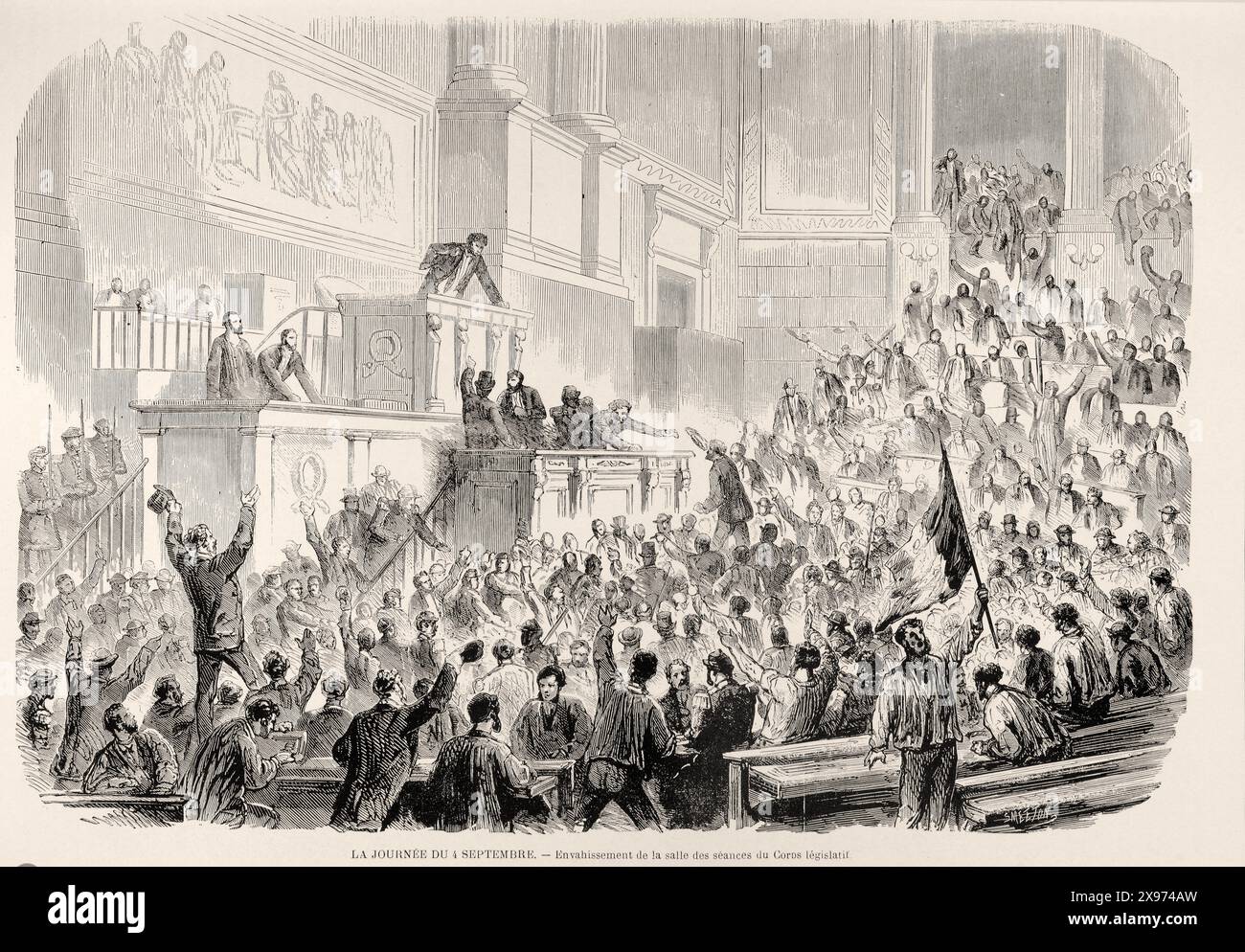 "LA JOURNÉE DU 4 SEPTEMBRE. – Envahissement de la salle des séances du Corps législatif' ['GIORNO DEL 4 SETTEMBRE. – Invasione della sala di sessione dell’organo legislativo.”] - Estratto da "l'Illustration Journal Universel" - rivista illustrata francese. L'immagine raffigura una scena caotica all'interno di una sala riunioni con una folla di persone, alcune delle quali salgono sulla piattaforma dell'altoparlante. Lo stile è un'incisione animata con figure dinamiche e gesti espressivi. | Foto Stock