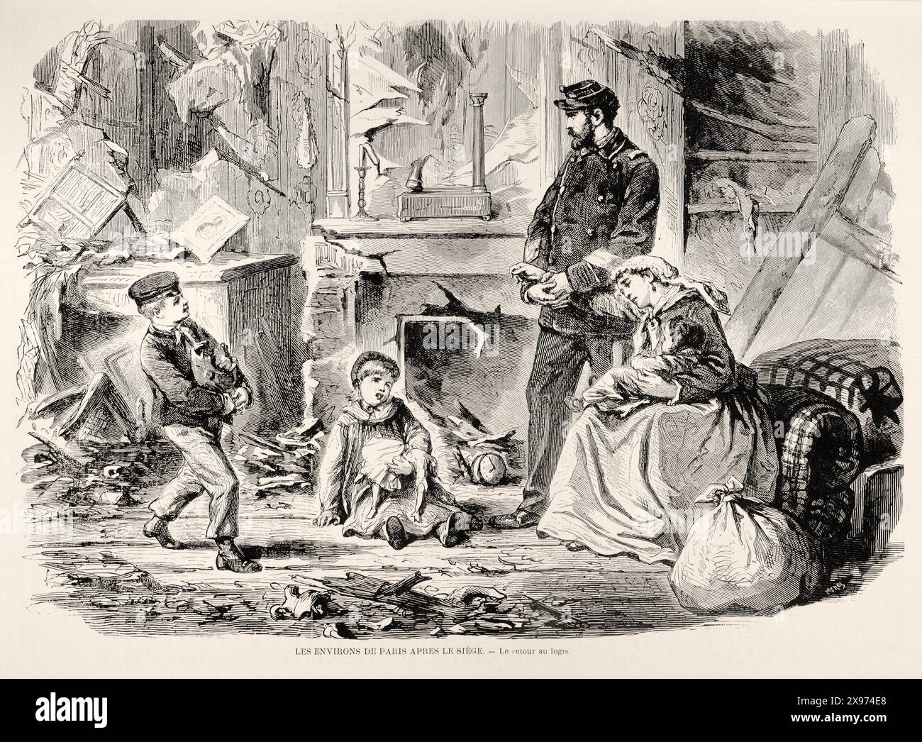 LES ENVIRONS DE PARIS APRÈS LE SIÈGE. – Le retour au logis.” ['I DINTORNI DI PARIGI DOPO L'ASSEDIO. - Il ritorno a casa."] - Estratto da "l'Illustration Journal Universel" - rivista illustrata francese. L'illustrazione mostra una famiglia in un ambiente domestico devastato, evidenziando le conseguenze di un assedio. Lo stile è un'incisione evocativa con attenzione all'impatto emotivo della scena. Foto Stock
