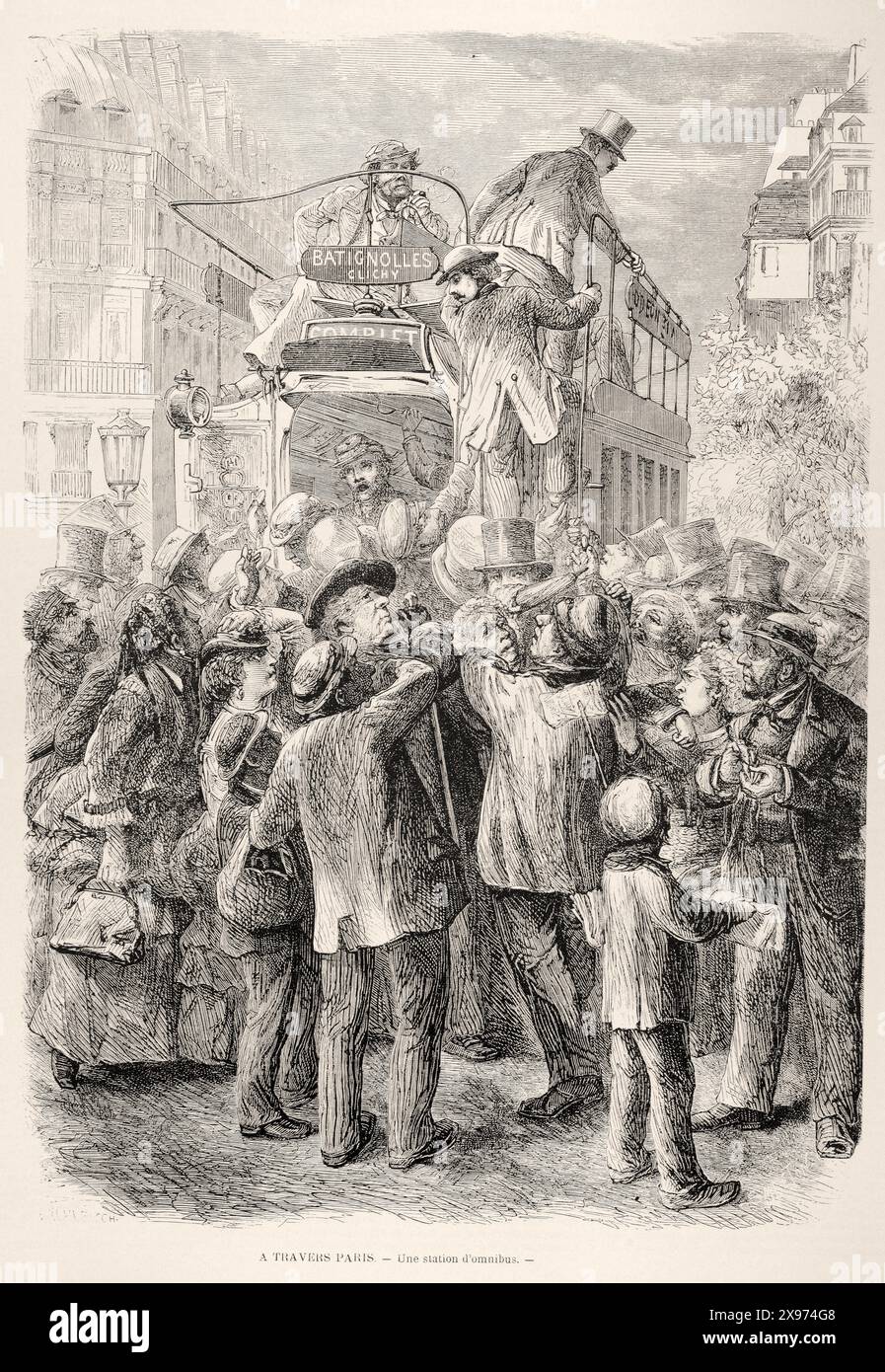 "À TRAVERS PARIS — UNA STATION D'OMNIBUS." - Estratto da "l'Illustration Journal Universel" - rivista francese illustrata - l'immagine cattura una trafficata stazione di autobus a Parigi, con una folla di persone in attesa e interagendo. Il dettaglio nell'illustrazione è meticoloso e mostra una varietà di personaggi e mode del tempo. La scena è resa in un dettagliato stile di incisione del XIX secolo, che aggiunge l'atmosfera storica del momento catturato. |- 1874 Foto Stock
