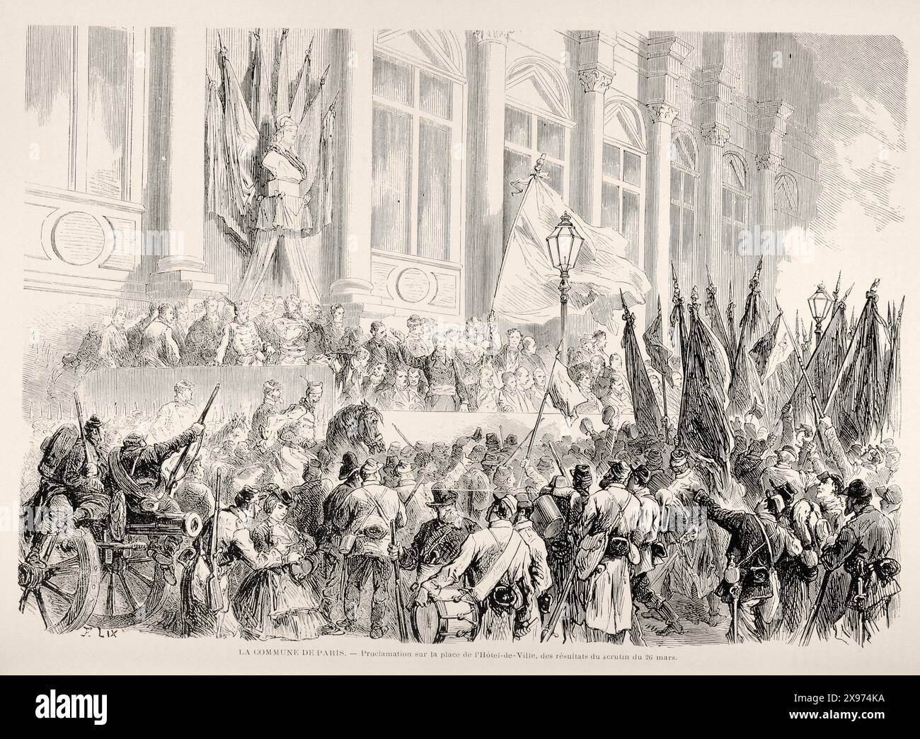 LA COMMUNE DE PARIS. — Proclamation sur la Place de l'Hotel-de-Ville, des résultats du scrutin du 26 mars.» - Estratto da "l'Illustration Journal Universel" - rivista illustrata francese | questa illustrazione cattura un momento dalla comune di Parigi, in particolare la proclamazione dei risultati elettorali a Place de l'Hôtel de Ville. La folla riunita intorno alla proclamazione è raffigurata nei dettagli, evidenziando l'impegno dei cittadini nel processo politico della comune. Lo stile è vivace, con un'enfasi sull'energia e l'anticipazione della folla. 1871 Foto Stock