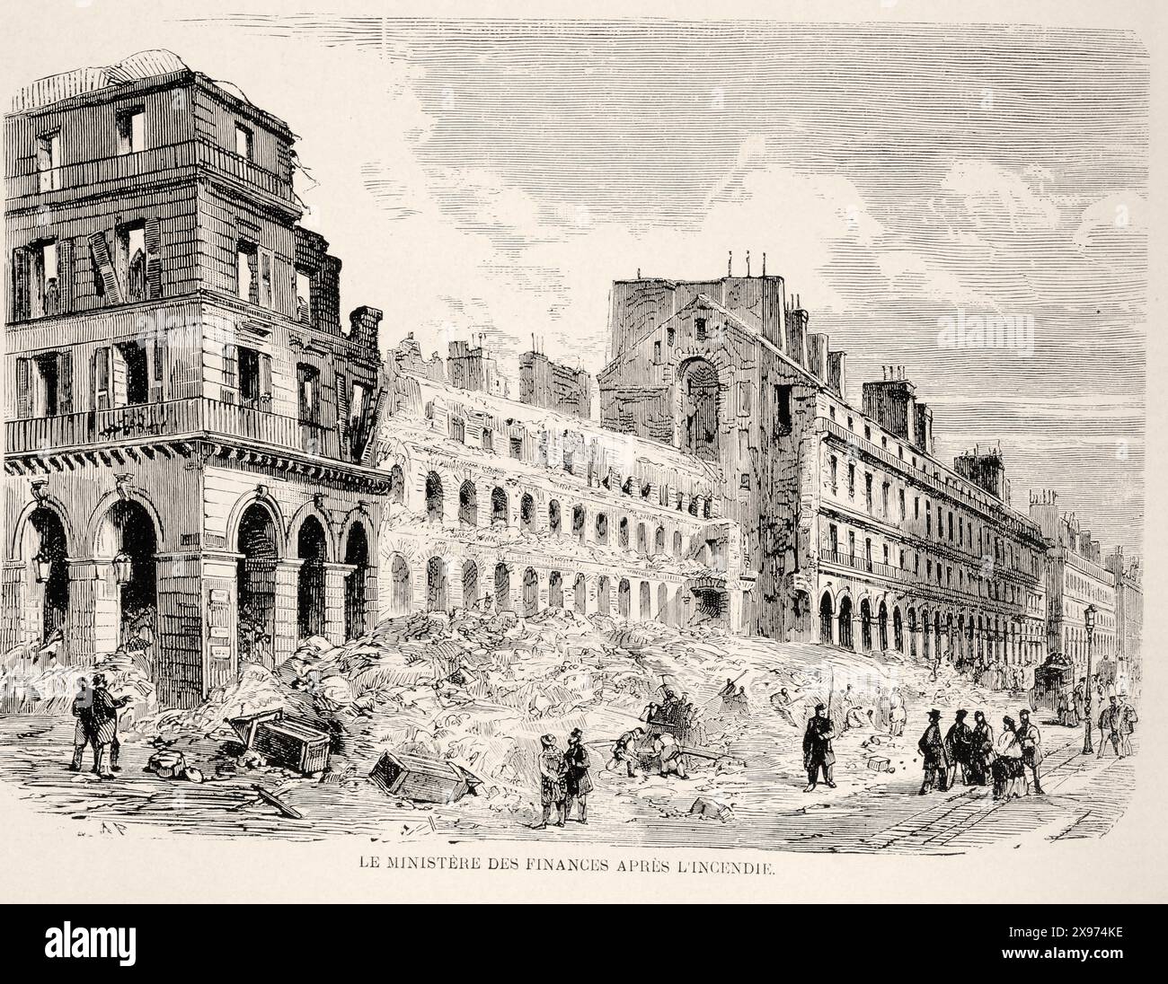 "LE MINISTÈRE DES FINANCES APRÈS L'INCENDIE." - Estratto da 'l'Illustration Journal Universel' - rivista illustrata francese | l'illustrazione mostra le conseguenze di un incendio al Ministero delle Finanze, con l'edificio in rovina e detriti sparsi intorno. La scena è raffigurata con un senso di perdita e devastazione, e lo stile dell'illustrazione è dettagliato, catturando le caratteristiche architettoniche e la distruzione. | 1871 Foto Stock