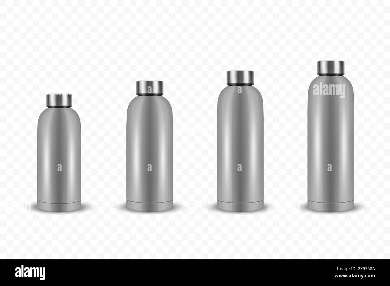 Bottiglia d'acqua riutilizzabile lucida con bianco metallico 3D realistico vettoriale con chiusura in argento isolata, misure diverse. Modello di progettazione del packaging Illustrazione Vettoriale
