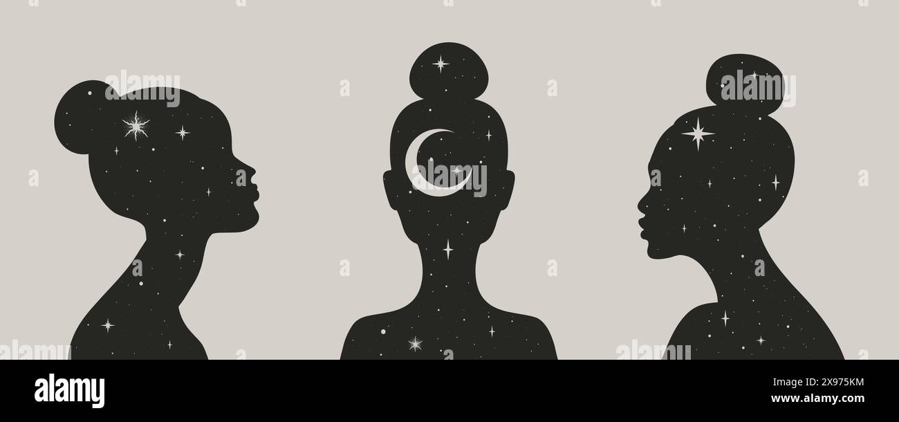 Profili astratti delle donne celesti in stile boho. Silhouette femminili decorate con mezzaluna e stelle. Illustrazione vettoriale Illustrazione Vettoriale