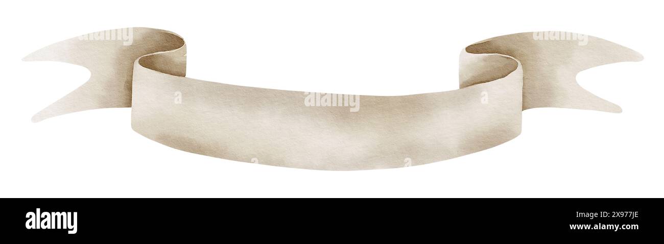 Antico nastro di papiro ad acquerello. Illustrazione disegnata a mano di scorrimento. Disegno di un manoscritto vintage vuoto per il testo. Modello con striscione retrò nei colori pastello beige e marrone. Carta in rotoli. Foto Stock