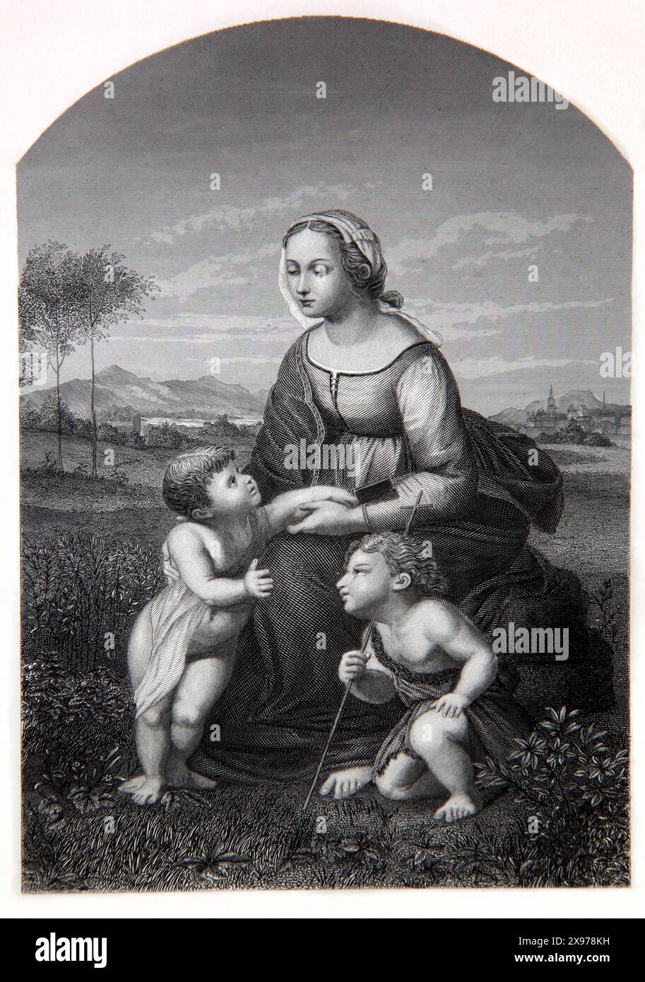 Incisione in legno della Vergine Maria con il bambino Gesù Cristo e San Giovanni Battista dell'antica Bibbia di famiglia illustrata del XIX secolo Foto Stock