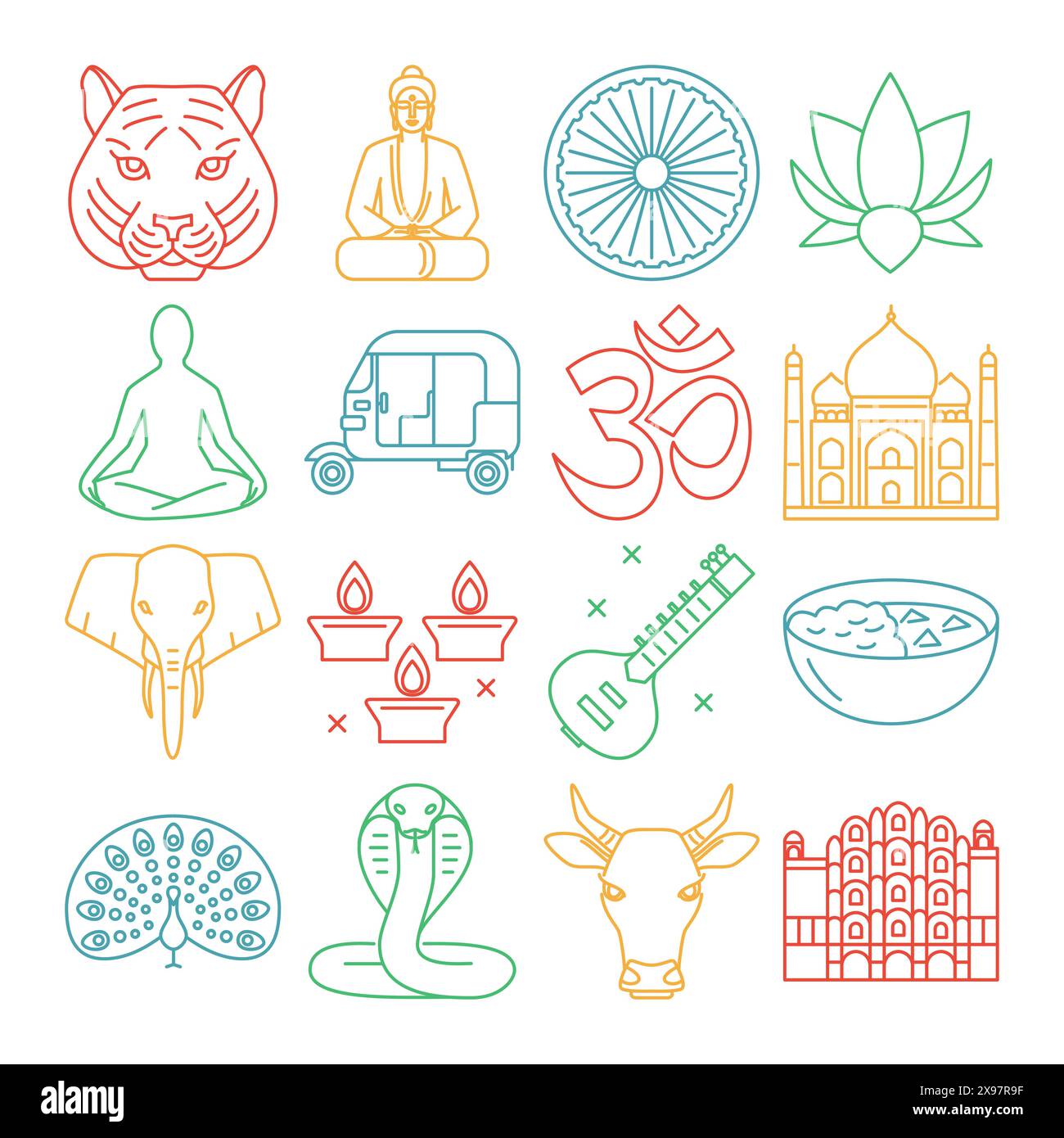 Icone India impostate in stile linea. Simboli tradizionali tra cui Buddha, Taj Mahal, fiore di loto, elefante, Hawa Mahal, segno om. Illustrazione vettoriale con Illustrazione Vettoriale