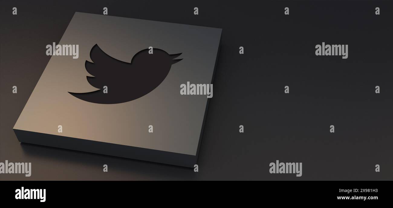 Auckland, nuova Zelanda - 29 aprile 2021: Logotipi Twitter,X incisi su placca metallica. Illustrazione 3d sfondo lussuoso dell'icona dei social media. Foto Stock