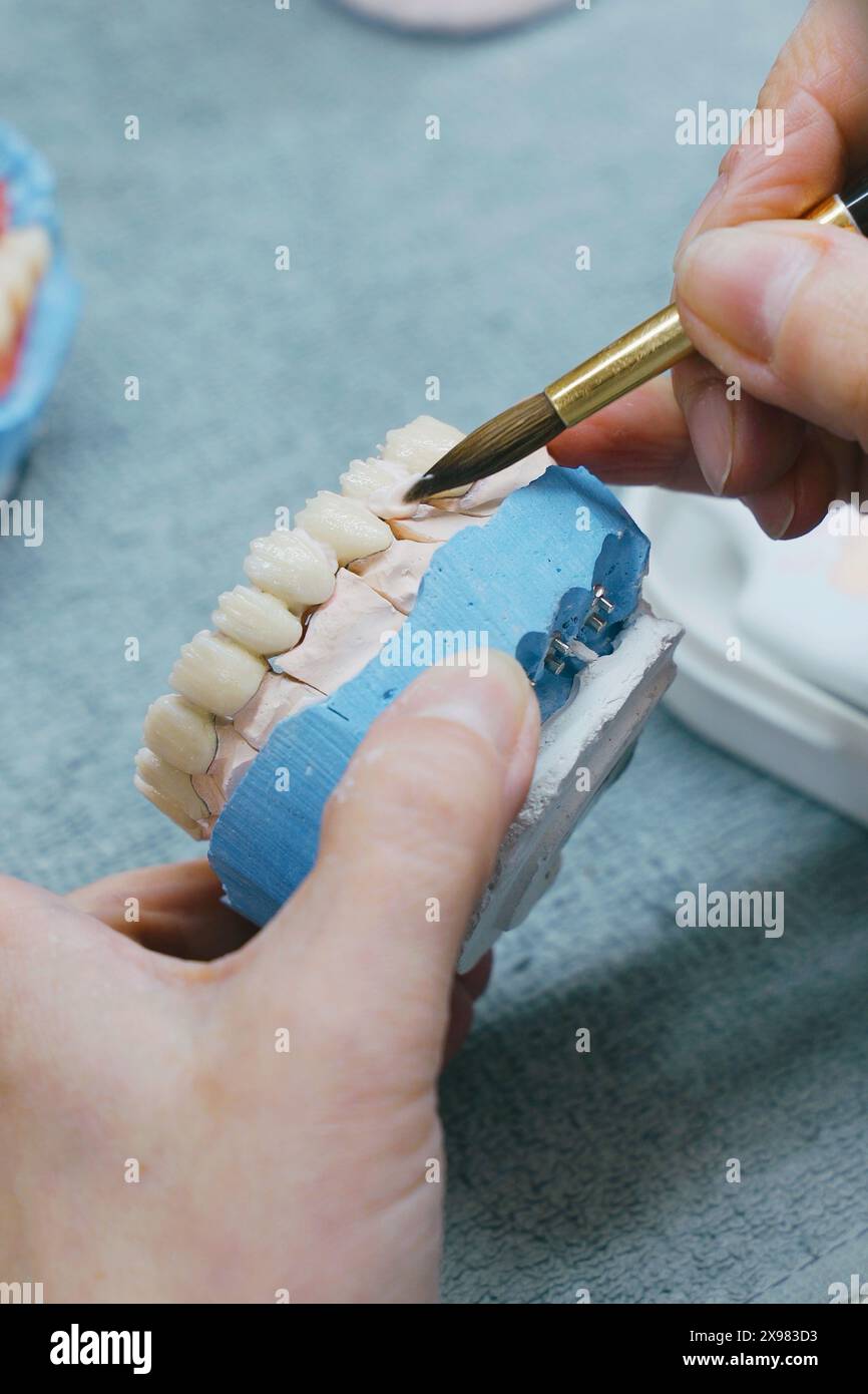 Primo piano di un odontotecnico che tiene uno spazzolino nella mano destra, parte del processo di produzione di protesi dentali. Foto verticale. Foto Stock