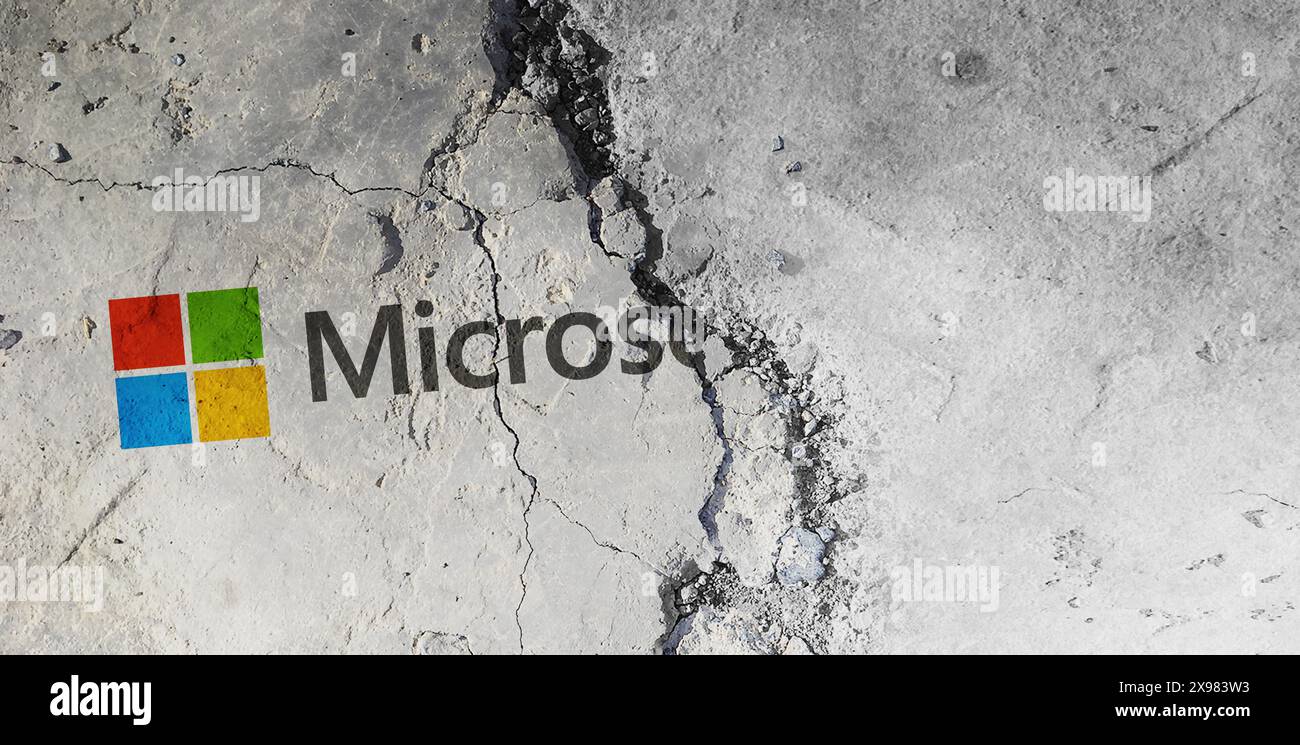 Icona Microsoft sul pavimento incrinato con spazio di copia. illustrazione editoriale del logo aziendale con rendering 3d. Nuova Zelanda, Auckland, maggio 30,2024 Foto Stock