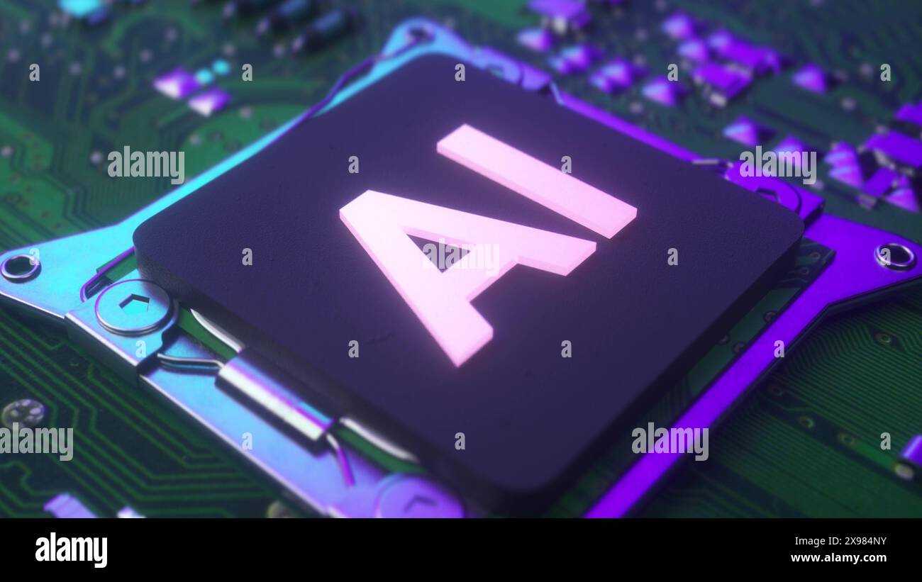 Processore CPU che avvia la digitalizzazione dell'intelligenza artificiale dell'elaborazione delle informazioni sui dati. Concetto di CPU dei processori per computer centrali. illustrazione 3d. Foto Stock