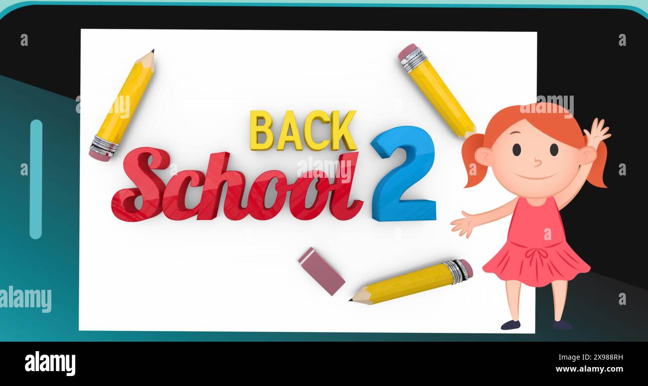 Immagine dell'icona di una studentessa e del banner di testo di ritorno a scuola sull'icona dello smartphone Foto Stock