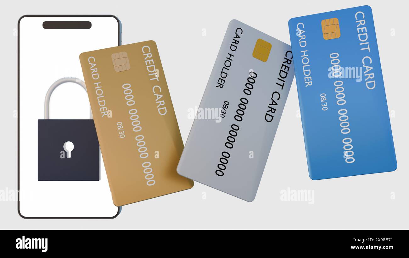 rendering 3d di carta di credito e smartphone con lucchetto come simbolo di sicurezza informatica Foto Stock