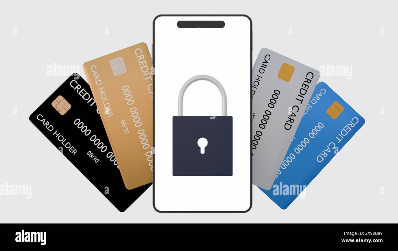 rendering 3d di carta di credito e smartphone con lucchetto come simbolo di sicurezza informatica Foto Stock