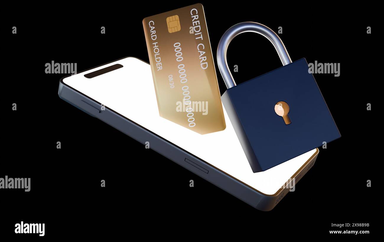 rendering 3d di carta di credito e smartphone con lucchetto come simbolo di sicurezza informatica Foto Stock