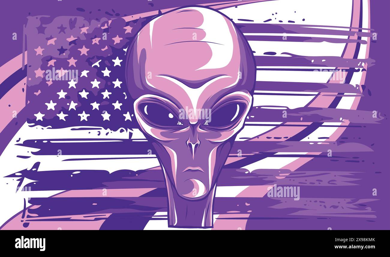 illustrazione vettoriale della faccia della testa aliena con bandiera americana Illustrazione Vettoriale