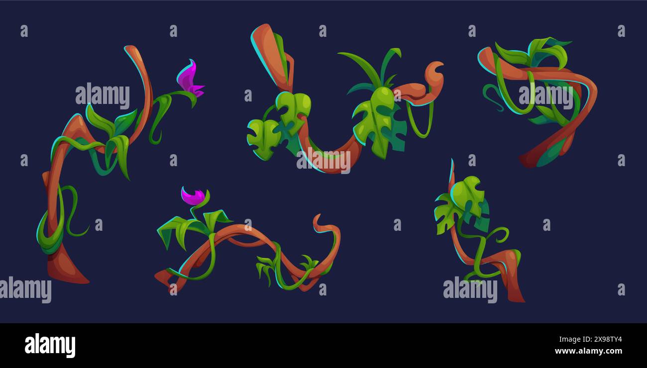 Le viti di Liana sono isolate su sfondo nero. Illustrazione vettoriale di rami di alberi esotici con foglie verdi e fiori colorati, piante della giungla, elementi di design della foresta pluviale tropicale Illustrazione Vettoriale