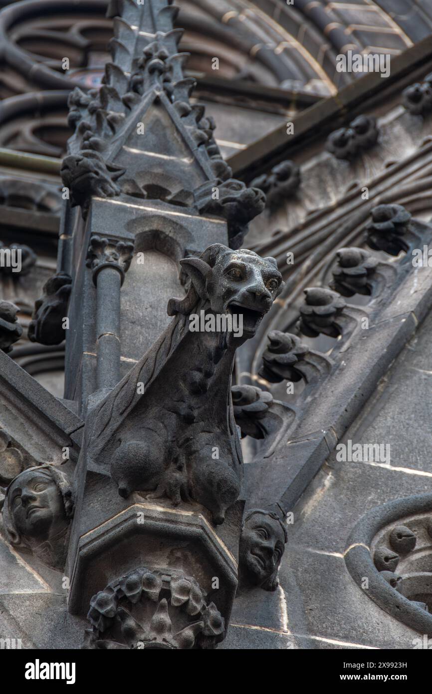 Arte medievale: Gargoyle gotico della cattedrale di Notre-Dame-de-l'Assomption a Clermont-Ferrand, Francia, monumento storico costruito in pietra nera di Volvic Foto Stock