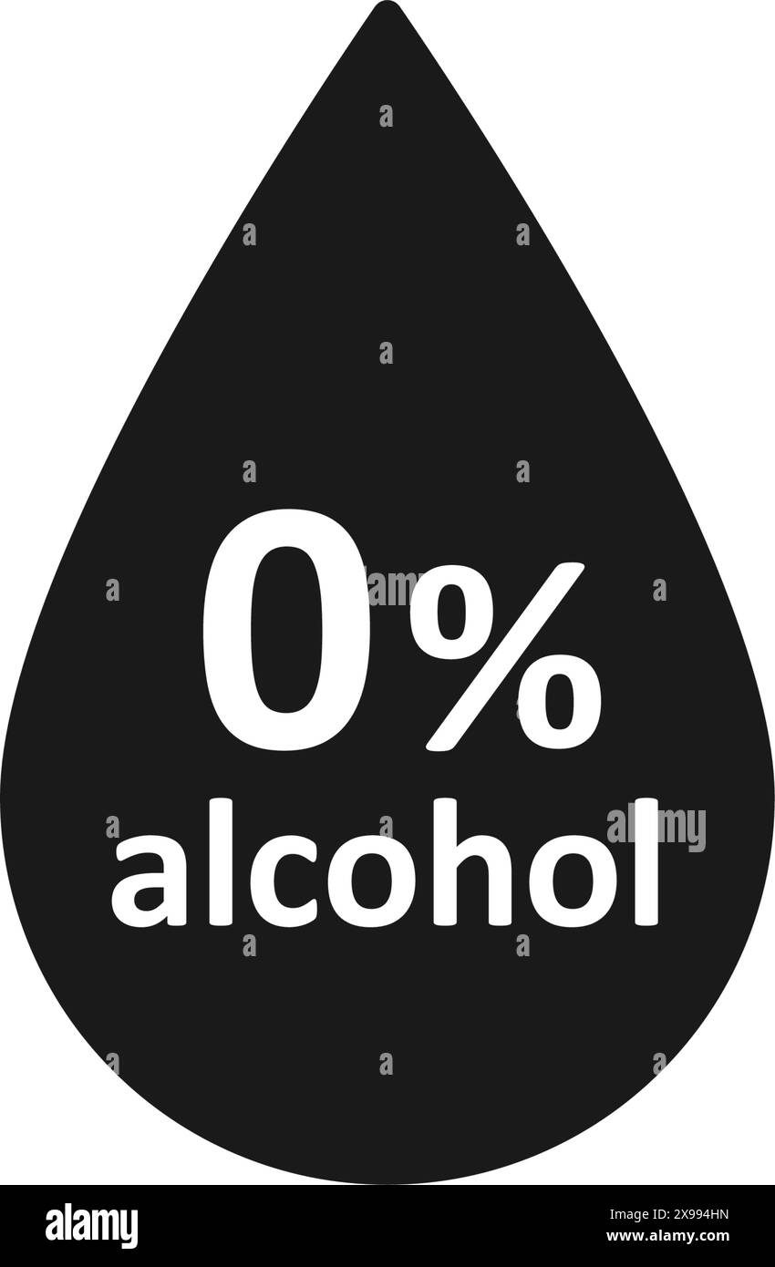 Icona senza alcol. Non contengono il simbolo dell'alcol. Tag zero per cento. Rilascia simbolo. Prodotto cosmetico per la salute. icona 0 percento. Elemento infografico del design Illustrazione Vettoriale