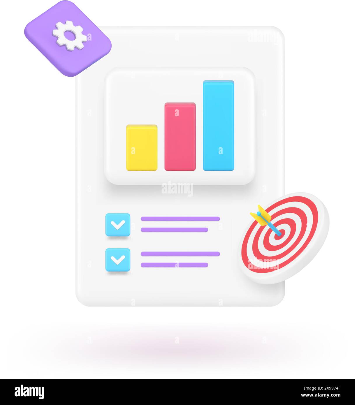 Analisi aziendale grafico a barre completo elenco di controllo del grafico a barre presentazione del report icona 3d illustrazione vettoriale realistica. Gestione commerciale fep Illustrazione Vettoriale